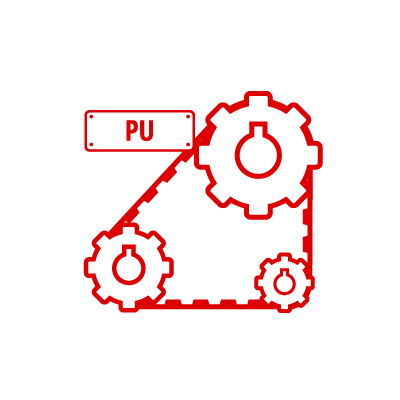 Icona grafica di tre rulli simili ad ingranaggi azionati da una cinghia in poliuretano